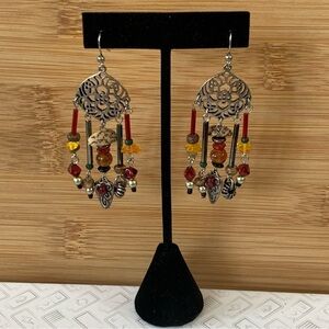 Silver Tone Boho Beaded Dangly Earrings Artisan Stone